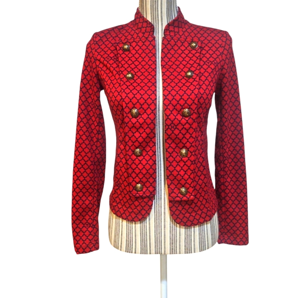 Tommy Open Front Red Patterned Women's Cropped Jacket Size PXS